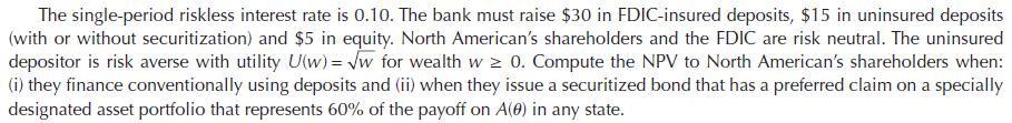 The single-period riskless interest rate is 0.10. The bank must raise $30 in FDIC-insured deposits, $15 in