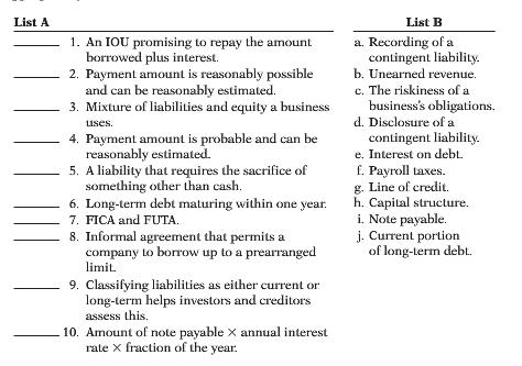List A ||| 1. An IOU promising to repay the amount borrowed plus interest. 2. Payment amount is reasonably