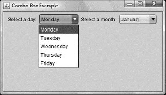Combo Box Example Select a day: Monday Monday Tuesday Wednesday Thursday Friday Select a month: January X