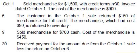 Oct. 1 6 9 30 Sold merchandise for $1,500, with credit terms n/30, invoice dated October 1. The cost of the