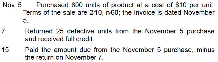 Nov. 5 Purchased 600 units of product at a cost of $10 per unit. Terms of the sale are 2/10, n60; the invoice