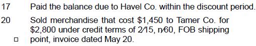 17 20 Paid the balance due to Havel Co. within the discount period. Sold merchandise that cost $1,450 to