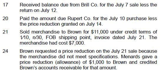 17 20 21 24 Received balance due from Brill Co. for the July 7 sale less the return on July 12. Paid the