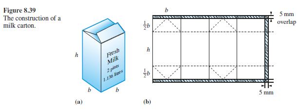 Figure 8.39 The construction of a milk carton. h (a) b Fresh Milk 2 pints 1.136 lines b b h b (b) b 5 mm 5 mm