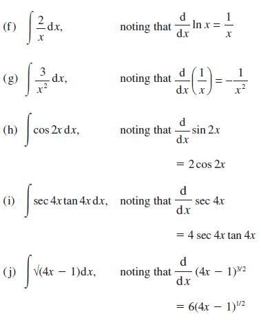 (f) 2 dx, X 1 Jo (h) cos 2x d.x, (i) .d.x, noting that (j) (4x - 1)dx, 4x noting that [sec-4xtam-4x dx, sec
