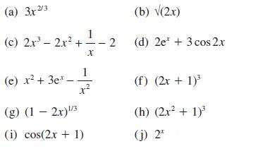 (a) 3x2/3 (c) 2x - 2x + 2 +11/1-2 X (e) x + 3e. 1 x (g) (1-2x)/3 (i) cos(2x + 1) (b) (2x) (d) 2e + 3 cos 2x