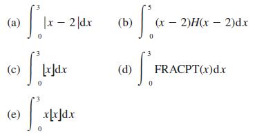 (a) (c) (e) 3 [lx 3 S. 3 |x2|dx [x]dx x[x]dx 0 (b) fax. 0 (d) (x - 2)H(x - 2)d.x 3 S. 0 FRACPT(x)d.x