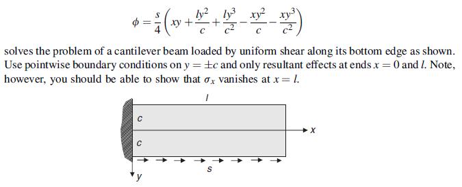 e solves the problem of a cantilever beam loaded by uniform shear along its bottom edge as shown. Use