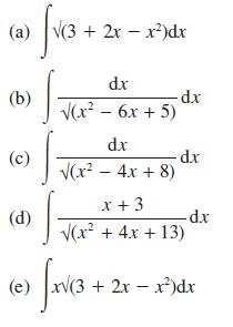 (a) (b) (c) (d) f(3 +2 (e) + 2x - x)dx d.x (x - 6x + 5) f - dx dx (x - 4x+8) 9) fx(3 + dx x + 3 (x + 4x +13)