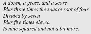 A dozen, a gross, and a score Plus three times the square root of four Divided by seven Plus five times