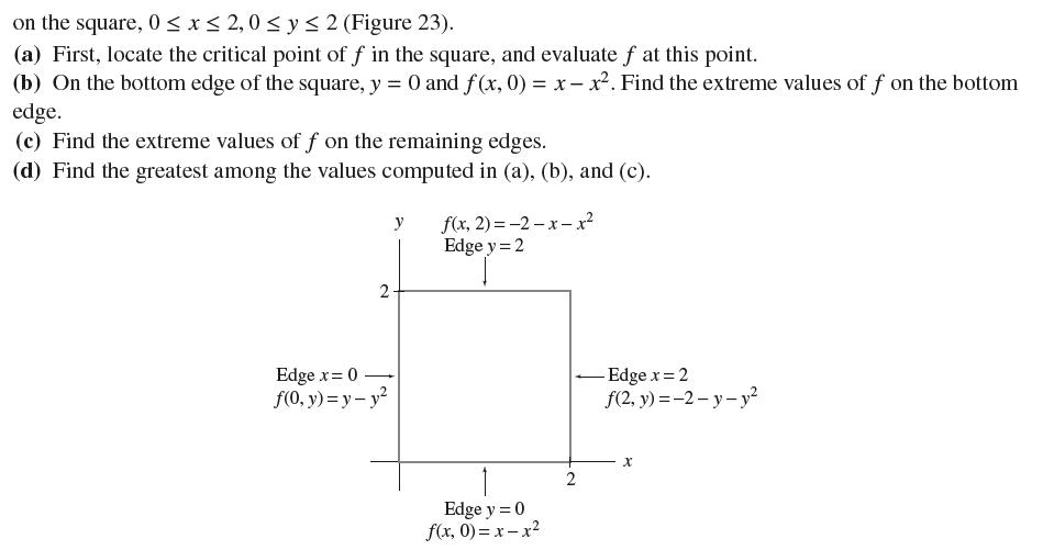 on the square, 0  x  2,0  y  2 (Figure 23). (a) First, locate the critical point of f in the square, and