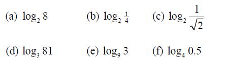 (a) log 8 (d) log, 81 (b) log, (e) log, 3 (c) log 1 (f) log, 0.5