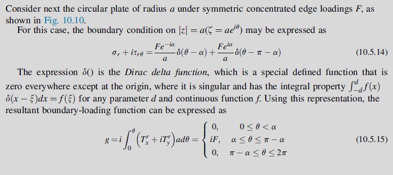 Consider next the circular plate of radius a under symmetric concentrated edge loadings F, as shown in Fig.