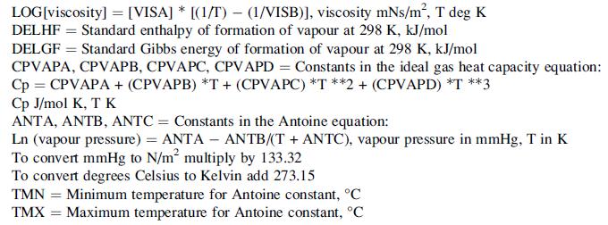 LOG[viscosity] = [VISA] * [(1/T) - (1/VISB)], viscosity mNs/m, T deg K DELHF = Standard enthalpy of formation