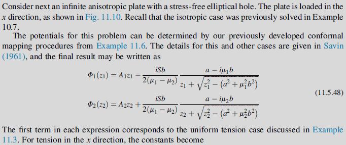 Consider next an infinite anisotropic plate with a stress-free elliptical hole. The plate is loaded in the x