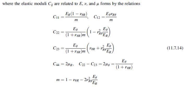 where the elastic moduli Cij are related to E, v, and u forms by the relations ER (1  VOR) m 11 = C22 = = Ee