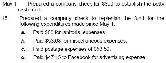 May 1 15. Prepared a company check for $300 to establish the petty cash fund. Prepared a company check to