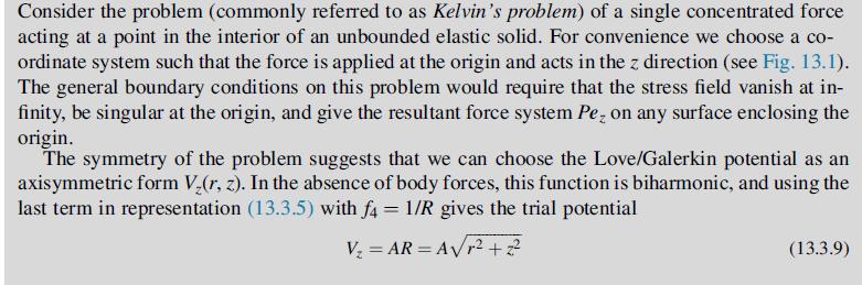Consider the problem (commonly referred to as Kelvin's problem) of a single concentrated force acting at a