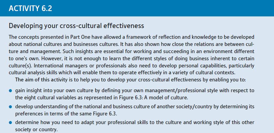 ACTIVITY 6.2 Developing your cross-cultural effectiveness The concepts presented in Part One have allowed a
