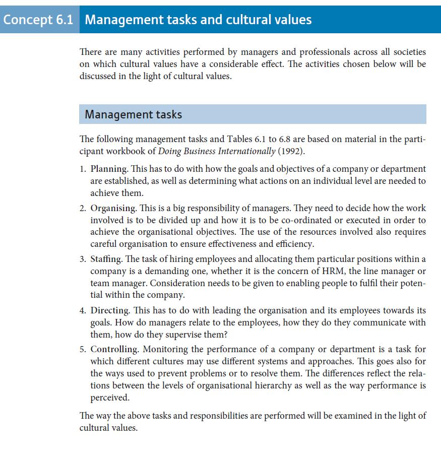 Concept 6.1 Management tasks and cultural values There are many activities performed by managers and
