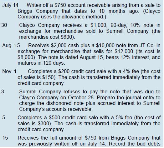 July 14 30 Nov. 1 3 Writes off a $750 account receivable arising from a sale to Briggs Company that dates to