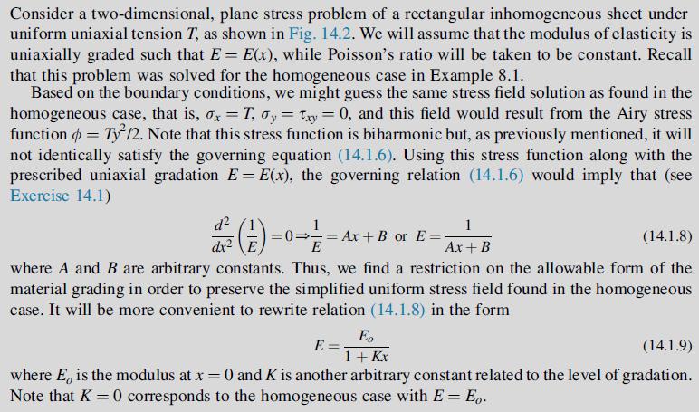 Consider a two-dimensional, plane stress problem of a rectangular inhomogeneous sheet under uniform uniaxial