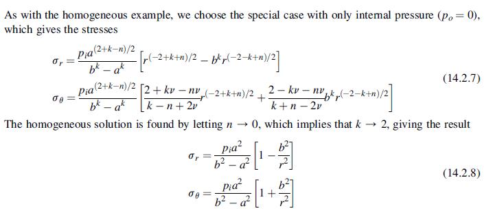 As with the homogeneous example, we choose the special case with only internal pressure (po = 0), which gives