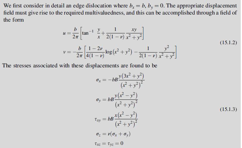 We first consider in detail an edge dislocation where b = b, by = 0. The appropriate displacement field must