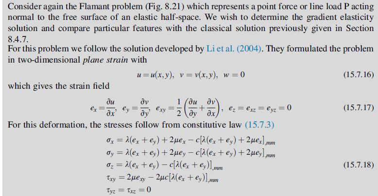 Consider again the Flamant problem (Fig. 8.21) which represents a point force or line load P acting normal to