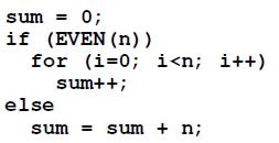 sum = 0; if (EVEN (n)) for (i=0; i