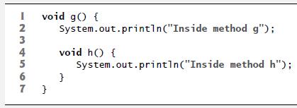 Ivoid go { 234567 System.out.println("Inside method g"); void h() { 6 } 7 } System.out.println("Inside method