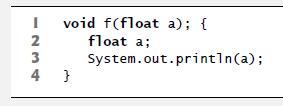 I 234 void f(float a); { float a; System.out.println(a); 4}