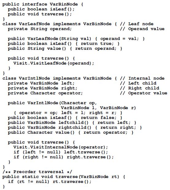 public interface VarBinNode { public boolean isLeaf (); public void traverse (); } class VarLeaf Node