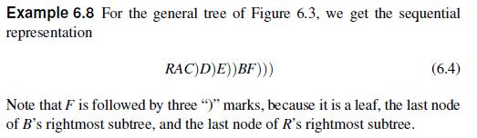 Example 6.8 For the general tree of Figure 6.3, we get the sequential representation RAC)D)E))BF))) (6.4)