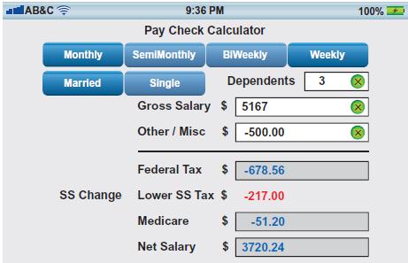 AB&C Monthly Married 9:36 PM Pay Check Calculator BiWeekly SemiMonthly Single Gross Salary $ 5167 Other /