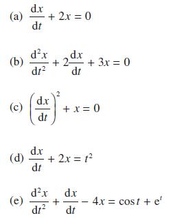 dx (a) + 2x = 0 dt dx (b) +2- dr (d) (e) dx dt d.x dt d.x dt + 3x = 0 +x=0 + 2x = 1 dx d.x + dt dt - 4x =