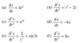 (a) dx dt (e) dx (c) =e4 dz = 41 dx dt 2 1/1/3+ + sin 5t (b) (d) (f) dx dt dx dt dx dr -= t - 2t = -6x -= 8x