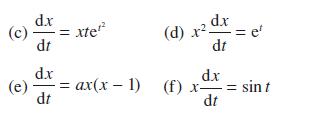 (c) dx dt = xte (d) x d.x dt = et d.x dx (e) = ax(x - 1) (f) x- = sin t dt dt