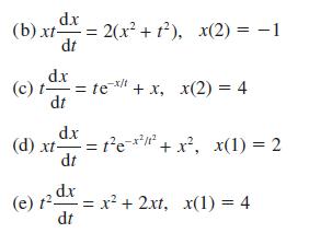 dx (b) xt- dt dx (c) t = text + x, x(2) = 4 dt dx (d) xt- (e) 1- dt 12 dx dt = 2(x +1), x(2) = -1 = 1e-x/1 +