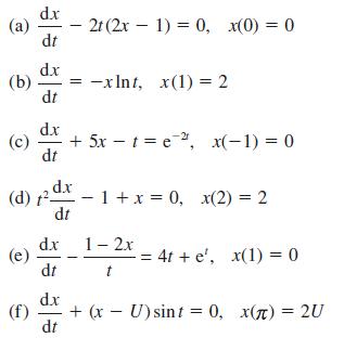 (a) (b) (c) (e) d.x dt (f) d.x dt dx dt (d) 2 dx - 1 + x = 0, x(2) = 2 dt dx dt 2t (2x1) = 0, x(0) = 0 dx dt