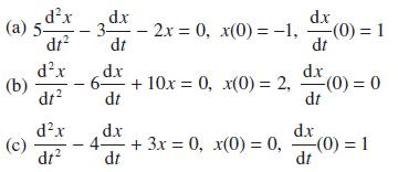 (a) 5 dx dr (b) (c) dx dt2 dx dt d.x dt dx -2x = 0, x(0)= -1, (0) = 1 dt dx d.x 6+10x = 0, x(0) = 2,(0) = 0