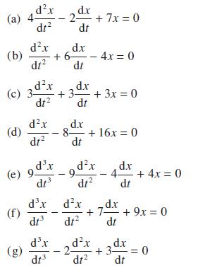 4dx (a) dt (b) (d) (e) dx dz (8) dx dr 2dx + 7x=0 dt dx dx (c) 3- +3- + 3x = 0 dt dt dx (f) dt dx -9 + dt d.x