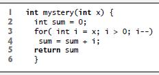1 2 3 4 5 6 int mystery (int x) { int sum = 0; for(int i = x; i > 0; i--) sum = sum + 1; return sum }