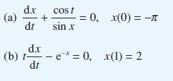 dx cost (a) + dt sin x d.x (b) te=0, x(1)=2 dt =0, x(0) = -