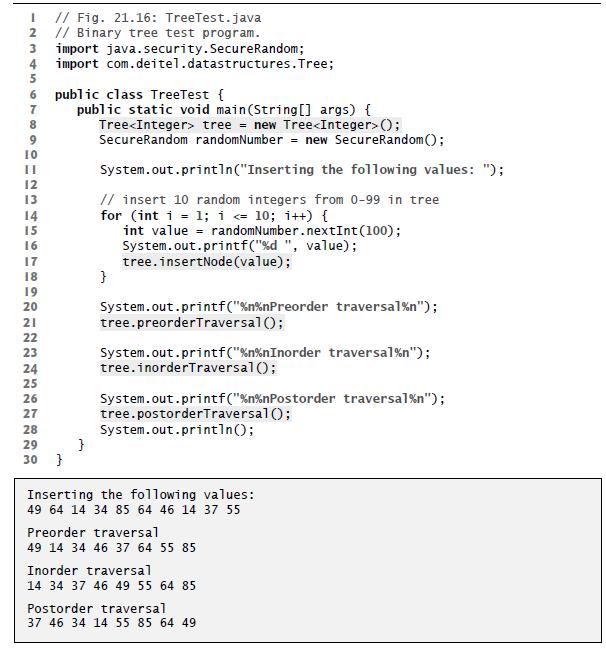 I // Fig. 21.16: TreeTest.java 2 // Binary tree test program. 3 import java.security.SecureRandom; import