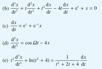 (b) dx dt (d) + t dx dt dx (c) -= e' + ex dt dx +1- dr 12 dx dt (e) 12 dx dt = cost - 4x + In(t + 4) = d.x -