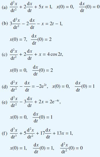(a) (c) dx dt dx d.x (b) 3-2- - x = 2t - 1, dr dt (d) x(0) = 7, x(0) = 0, dx dt d.x 2- + 5x = 1, x(0) = 0, dt