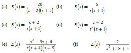 (a) E(s) = (c) E(s) = (e) E(s) = 20 (s+2)(s+5) s+2 s(s+1) s + 5s +6 s(s+4) (s+5) (b) (d) 5 E(s) = s(s+1) E(s)