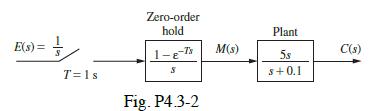 E(s) = + T=1s Zero-order hold 1-8-7 S Fig. P4.3-2 M(s) Plant 5s s+0.1 C(s)