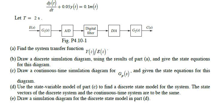 Let T = 2 s. E(s) dy(t) + 0.05y(t) = 0.1m(t) dt G(s) A/D Digital filter DIA G(s) G (s) C(s) Fig. P4.10-1 (a)